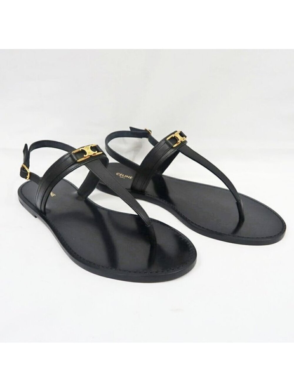 Celine Thong Sandals Black Leather Size 42 Shoes - Picture 2 of 10